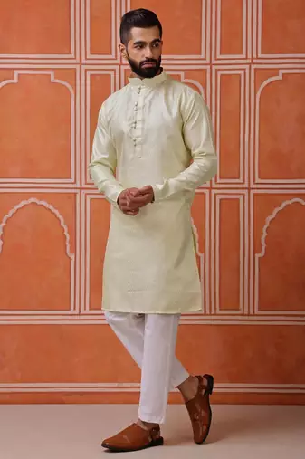 Men green kurta in cotton blend with vertical sequin embroidery