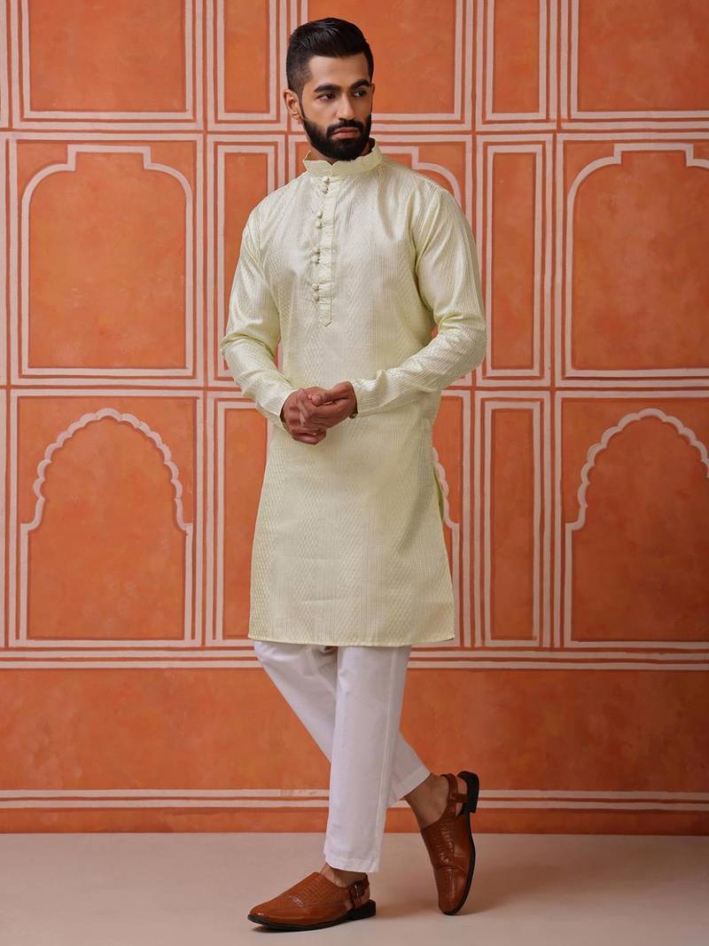 Men green kurta in cotton blend with vertical sequin embroidery