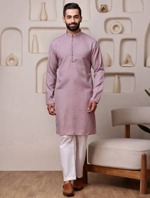 Men pink cotton blend kurta with sequin embroidery detailing 1