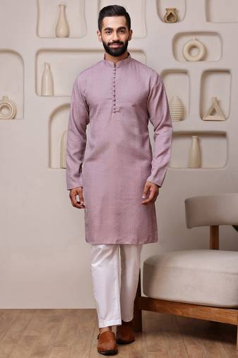 Men pink cotton blend kurta with sequin embroidery detailing
