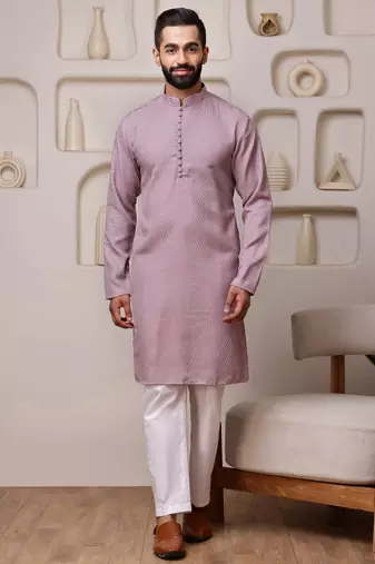 Men pink cotton blend kurta with sequin embroidery detailing