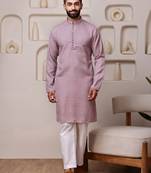 Men pink cotton blend kurta with sequin embroidery detailing