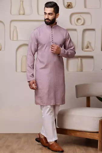 Men pink cotton blend kurta with sequin embroidery detailing