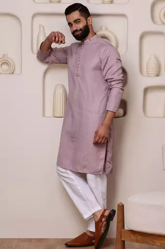 Men pink cotton blend kurta with sequin embroidery detailing