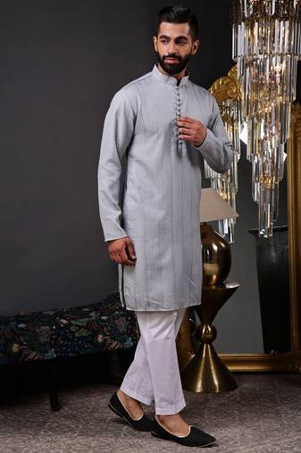Men grey embroidered kurta with vertical sequin stripe work