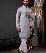 Men grey embroidered kurta with vertical sequin stripe work