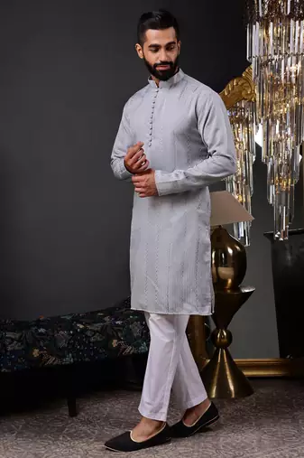 Men grey embroidered kurta with vertical sequin stripe work