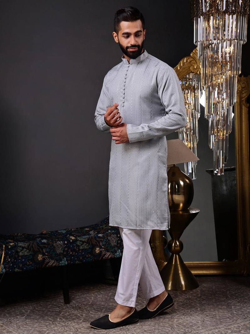Men grey embroidered kurta with vertical sequin stripe work