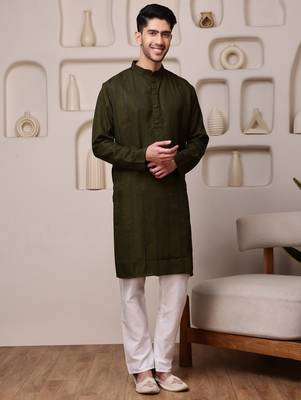 Men green kurta in cotton blend with all-over sequin embroidery 1