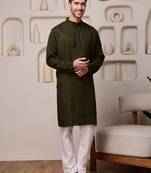 Men green kurta in cotton blend with all-over sequin embroidery