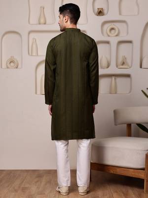 Men green kurta in cotton blend with all-over sequin embroidery 3
