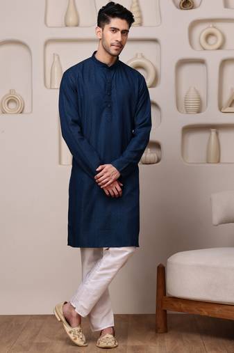 Men blue cotton blend kurta with vertical sequin embroidery
