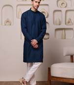 Men blue cotton blend kurta with vertical sequin embroidery