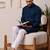 Men blue cotton blend kurta with vertical sequin embroidery