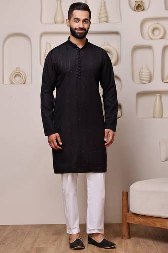 Men black embroidered kurta in cotton blend with sequin dots