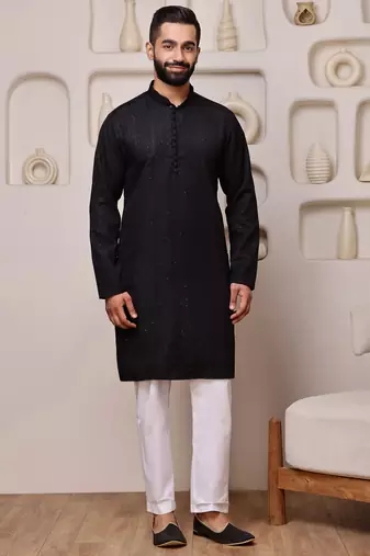 Men black embroidered kurta in cotton blend with sequin dots