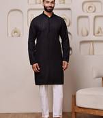 Men black embroidered kurta in cotton blend with sequin dots