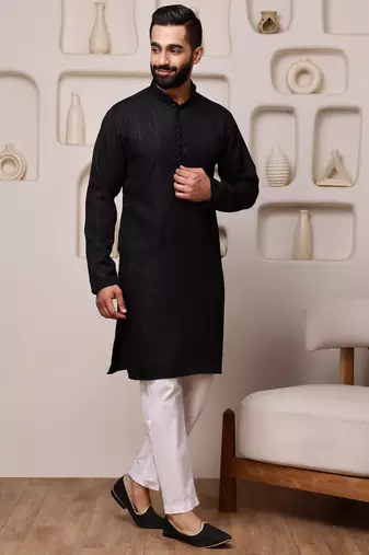 Men black embroidered kurta in cotton blend with sequin dots