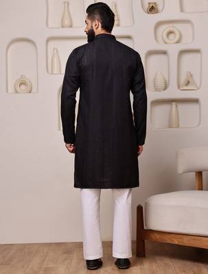 Men black embroidered kurta in cotton blend with sequin dots 3