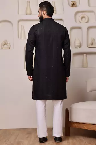 Men black embroidered kurta in cotton blend with sequin dots