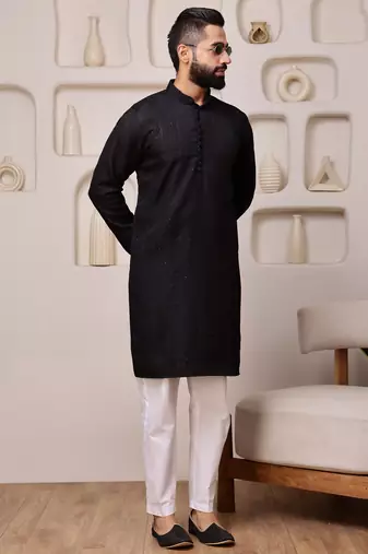 Men black embroidered kurta in cotton blend with sequin dots