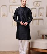 Men black silk blend kurta with textured jacquard pattern finish
