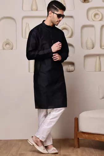 Men black silk blend kurta with textured jacquard pattern finish