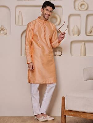 Men peach feather-soft kurta in georgette with minimal look 4