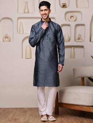 Men steel grey textured kurta in silk blend with ethnic feel 1