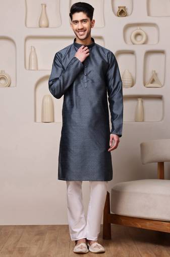 Men steel grey textured kurta in silk blend with ethnic feel