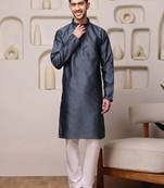 Men steel grey textured kurta in silk blend with ethnic feel