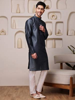 Men steel grey textured kurta in silk blend with ethnic feel 2