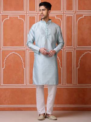 Men midnight blue self-jacquard kurta in silk blend for festive 1