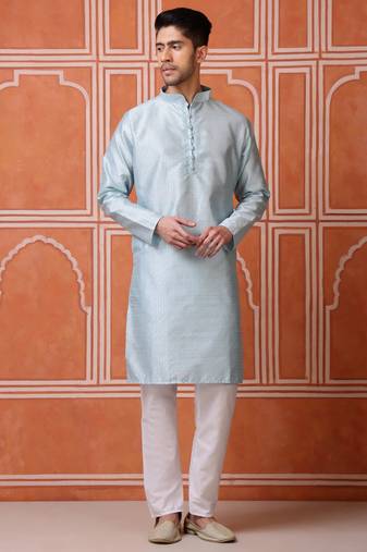 Men midnight blue self-jacquard kurta in silk blend for festive