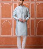 Men midnight blue self-jacquard kurta in silk blend for festive