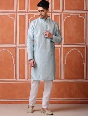 Men midnight blue self-jacquard kurta in silk blend for festive 2