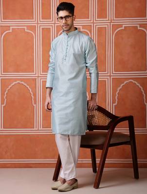 Men midnight blue self-jacquard kurta in silk blend for festive 3