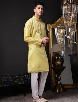 Men yellow jacquard with embroidered silk blend kurta with mirror embellishment 1