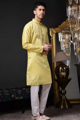 Men yellow jacquard with embroidered silk blend kurta with mirror embellishment