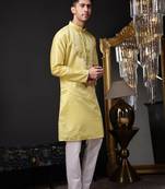 Men yellow jacquard with embroidered silk blend kurta with mirror embellishment