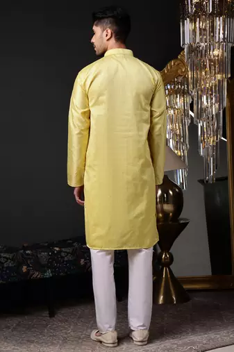 Men yellow jacquard with embroidered silk blend kurta with mirror embellishment