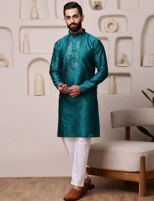 Men teal jacquard with embroidered silk blend kurta with mirror embellishment 1