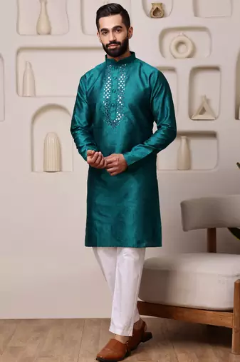 Men teal jacquard with embroidered silk blend kurta with mirror embellishment