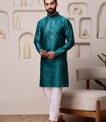 Men teal jacquard with embroidered silk blend kurta with mirror embellishment