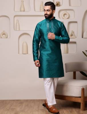 Men teal jacquard with embroidered silk blend kurta with mirror embellishment 2