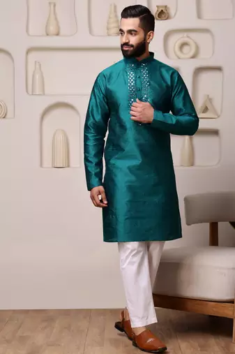 Men teal jacquard with embroidered silk blend kurta with mirror embellishment