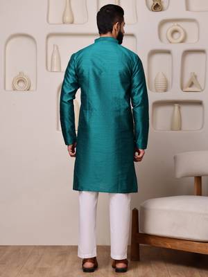 Men teal jacquard with embroidered silk blend kurta with mirror embellishment 3