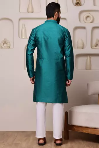 Men teal jacquard with embroidered silk blend kurta with mirror embellishment