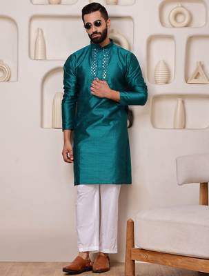 Men teal jacquard with embroidered silk blend kurta with mirror embellishment 4