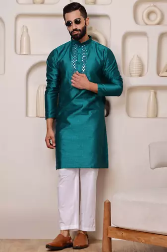 Men teal jacquard with embroidered silk blend kurta with mirror embellishment